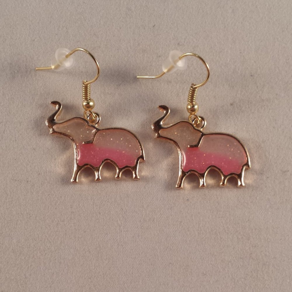 Gold Pink Elephant Drop Dangle Earrings New Mystical Pink Hypoallergenic Hooks